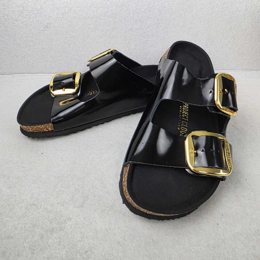 Project Cloud Santorini Sandals Womens 6.5 Black Leather Gold Buckle Slides